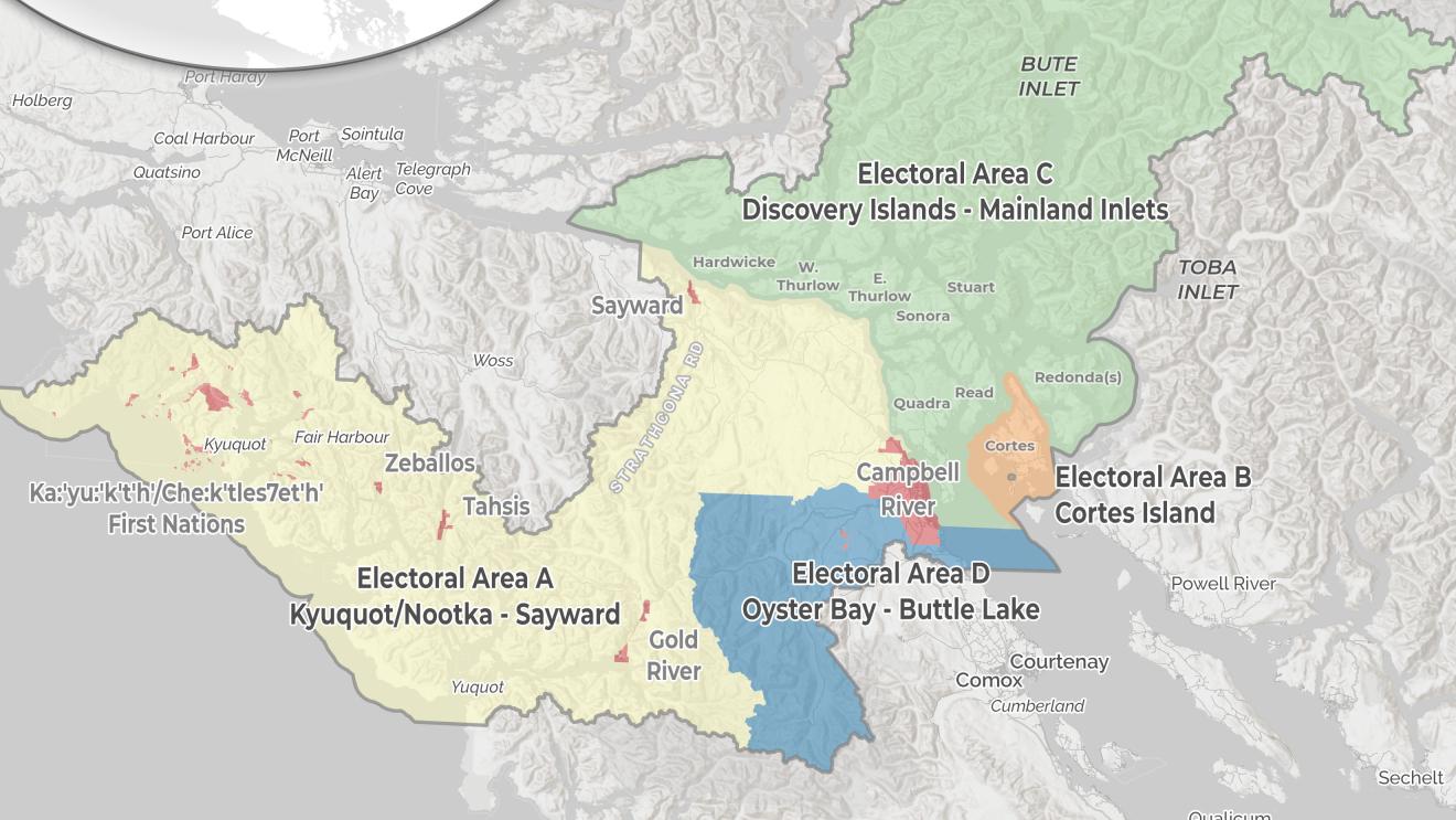 Map showing Strathcona Region in its entirety with labeled areas in different colors.