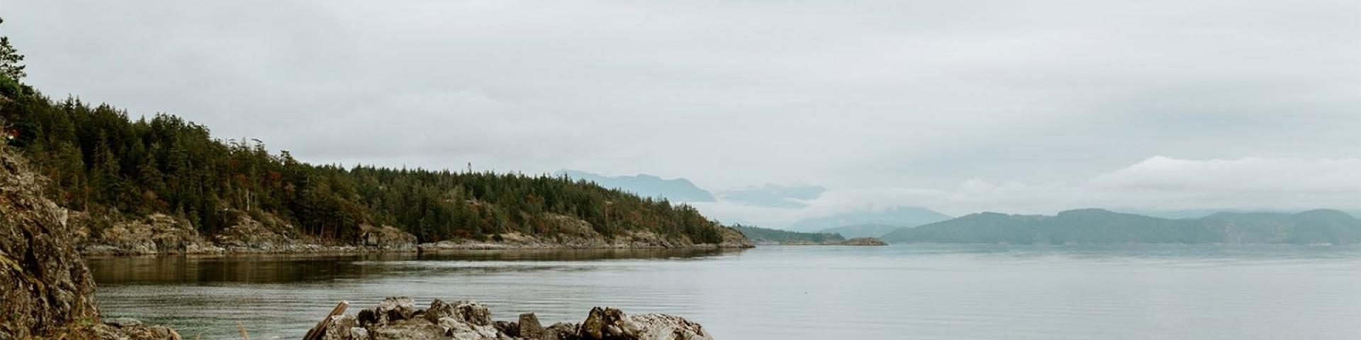 Rocky shoreline with calm water, cloudy sky, and distant hills.