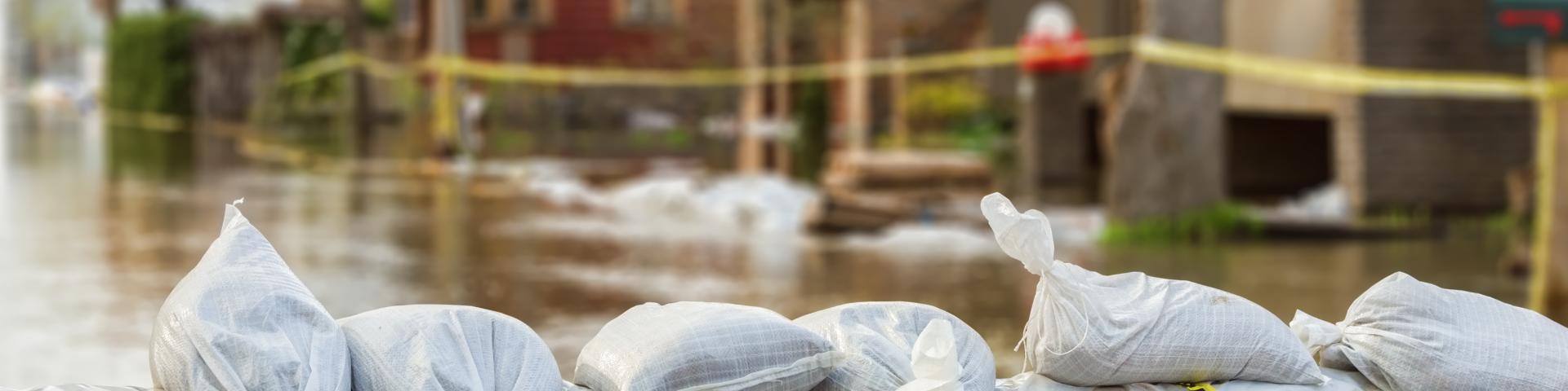Sandbags placed to prevent flooding near homes.