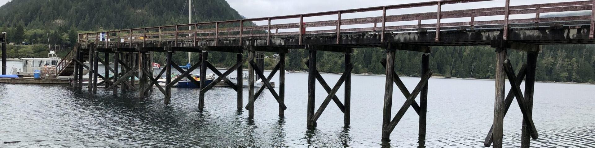 Wooden pier stretching over calm water, with a hill in the background.