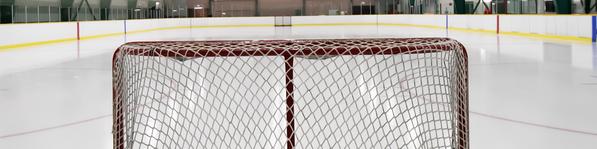 view of arena 2 ice surface from behind a hockey net