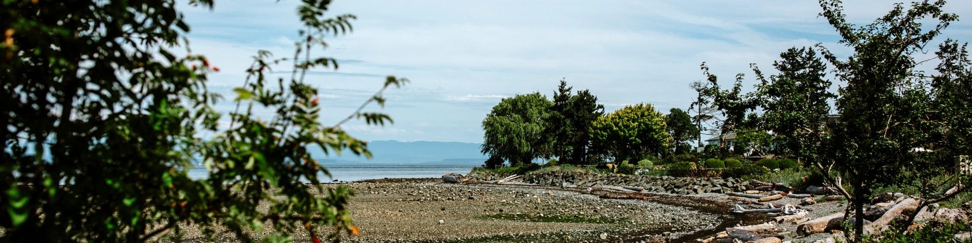 Rocky shoreline with clear water, boats docked, and lush green hills under a blue sky.