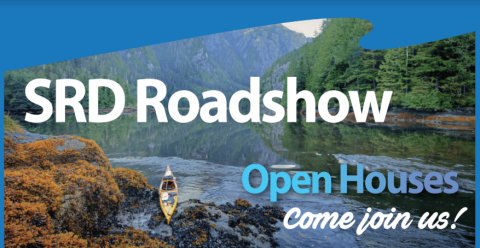 Kayaker on calm river with mountain backdrop. Text: "SRD Roadshow, Open Houses."