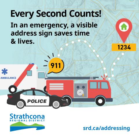 Emergency vehicles respond to a location marked with a green pin and address number 1234.