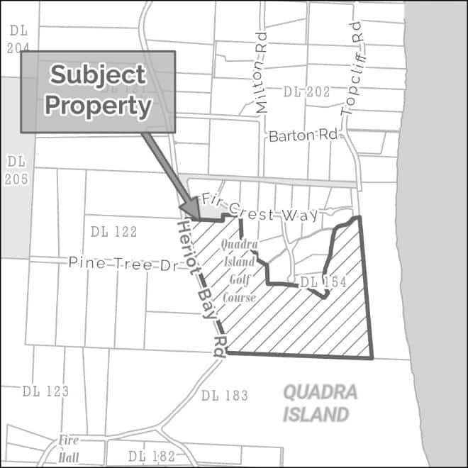 Map highlighting a subject property on Quadra Island | Area affected by proposed Bylaw Nos. 432 and 433