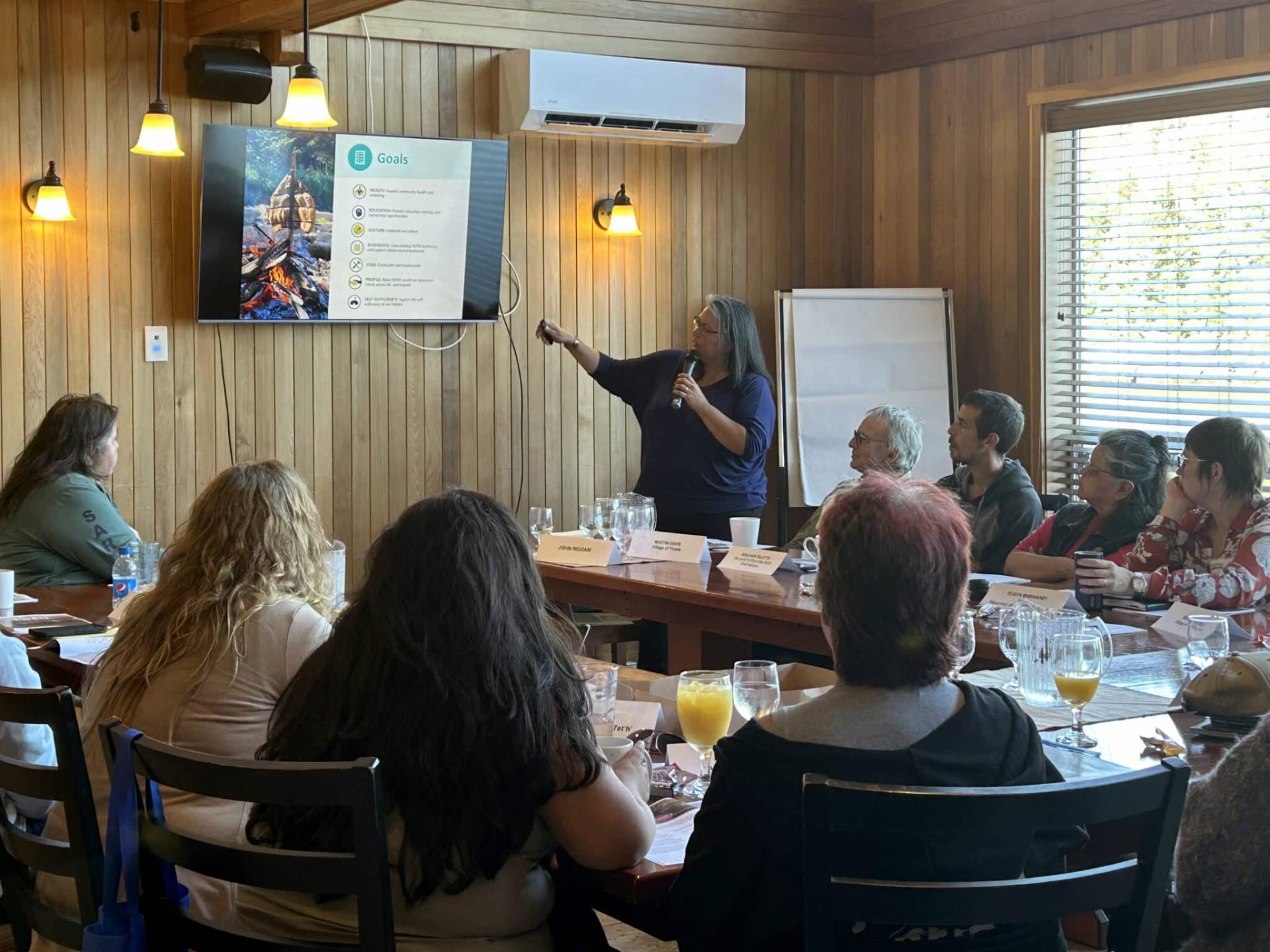 Conference room with a person presenting to a group, wooden walls, and screen display.