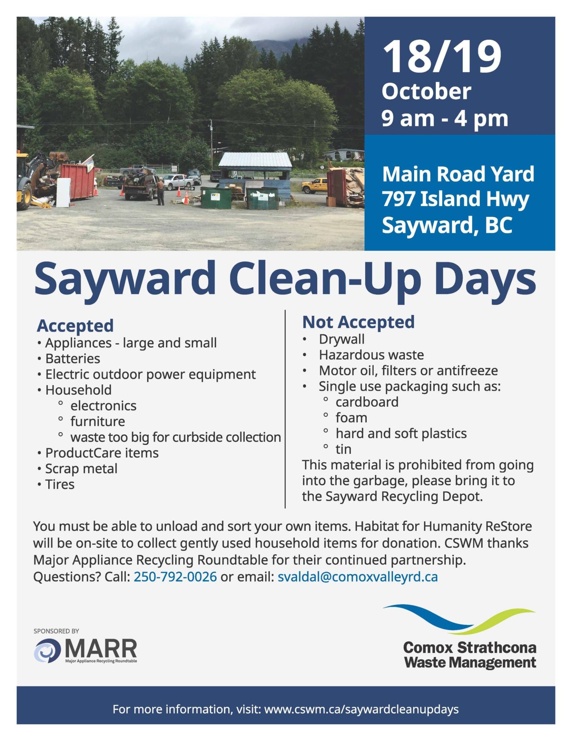 Sayward Clean-Up Days flyer with date, location, accepted, and non-accepted items listed.