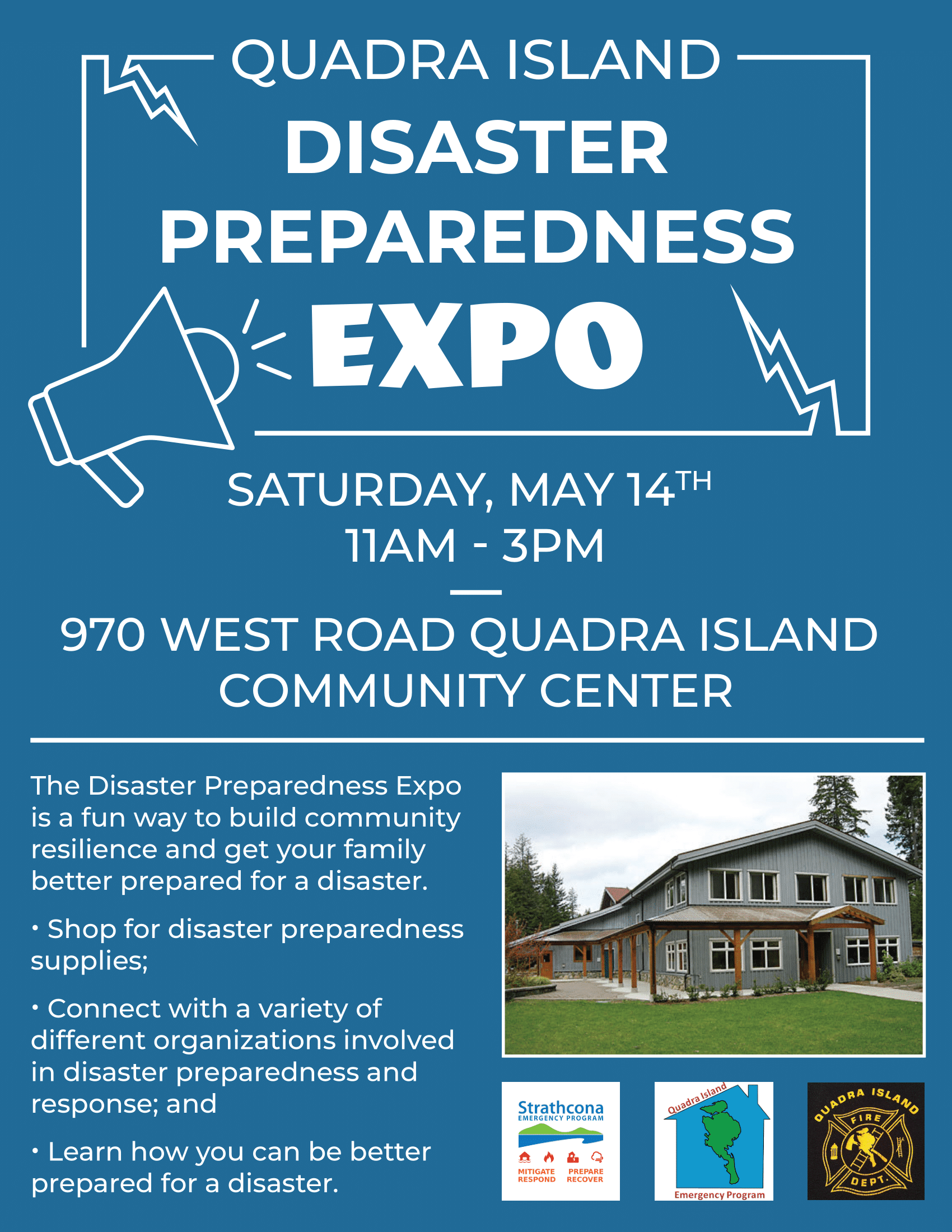 Quadra Island Disaster Preparedness Expo flyer, May 14th, 11am-3pm, community center.