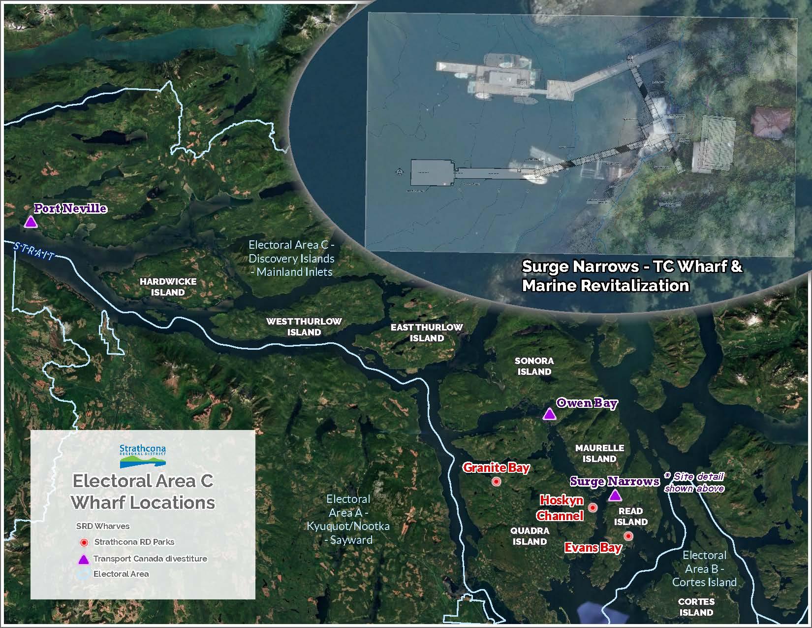 Map showing wharf locations, and the Surge Narrows location for the TC Wharf & Marine Revitalization.