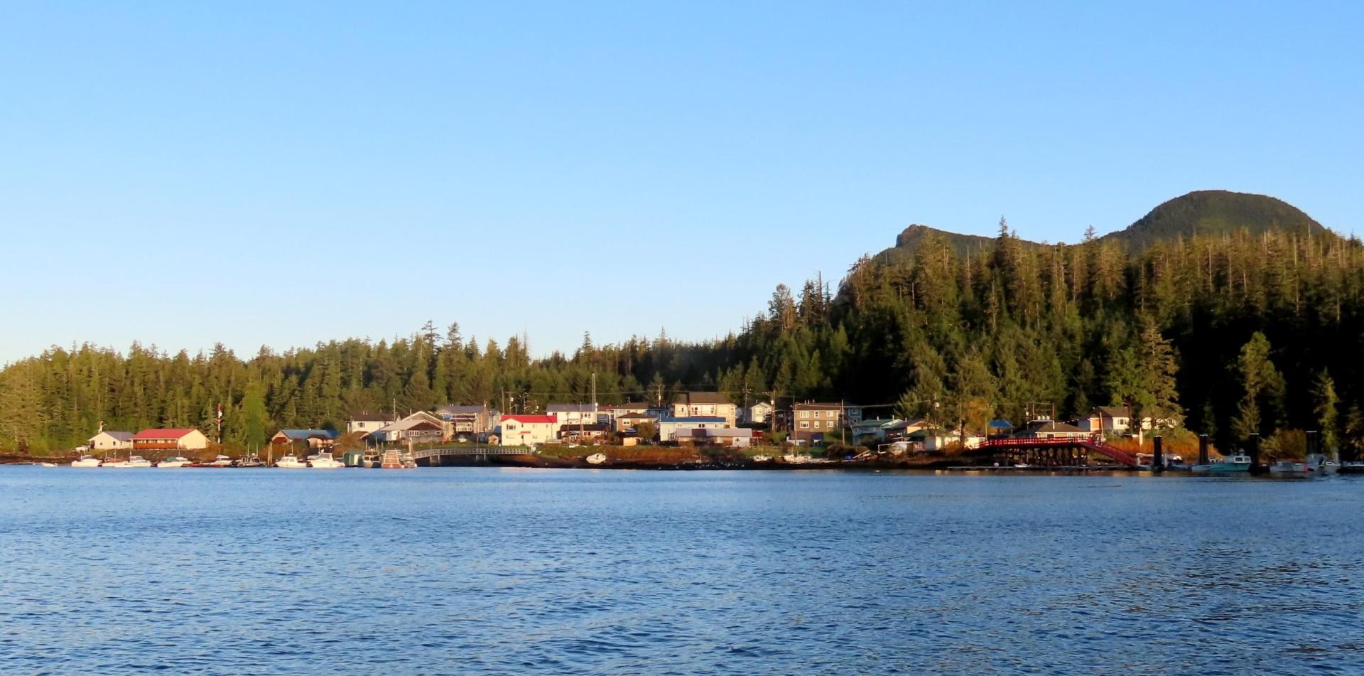 Small coastal town with forested hills and calm blue water under a clear sky.