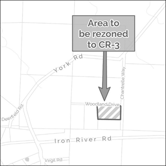 Map marking area to be rezoned off Woodland Drive.