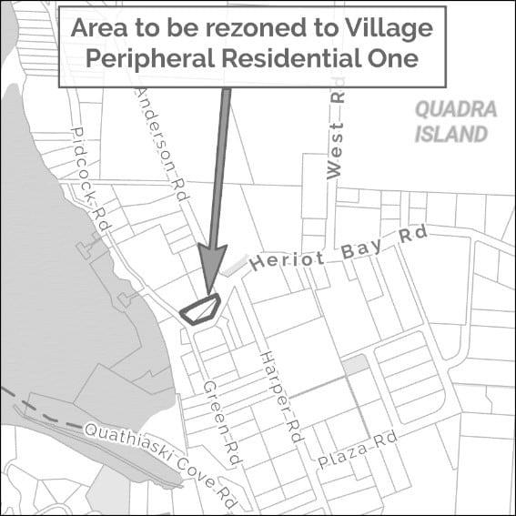 Map highlighting a rezoning area on Quadra Island.