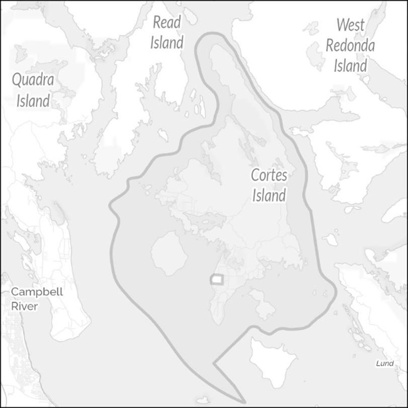 Map highlighting Cortes Island with surrounding islands labeled.
