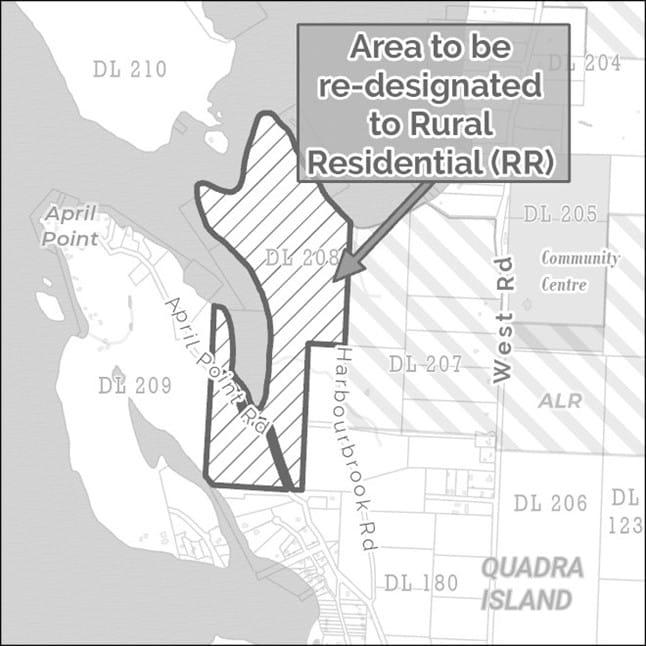 Map highlighting a designated area on Quadra Island for rural residential change.