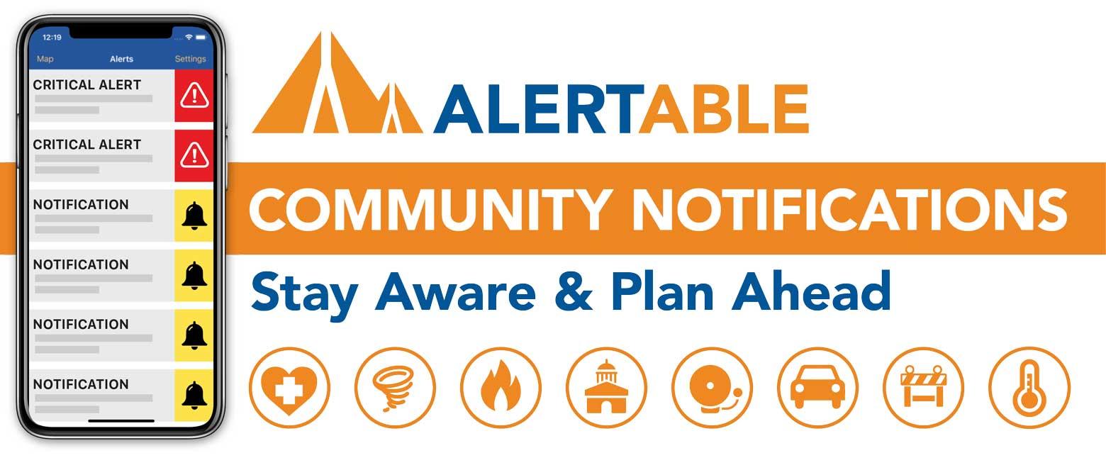 Alertable app display and icons for community notifications.